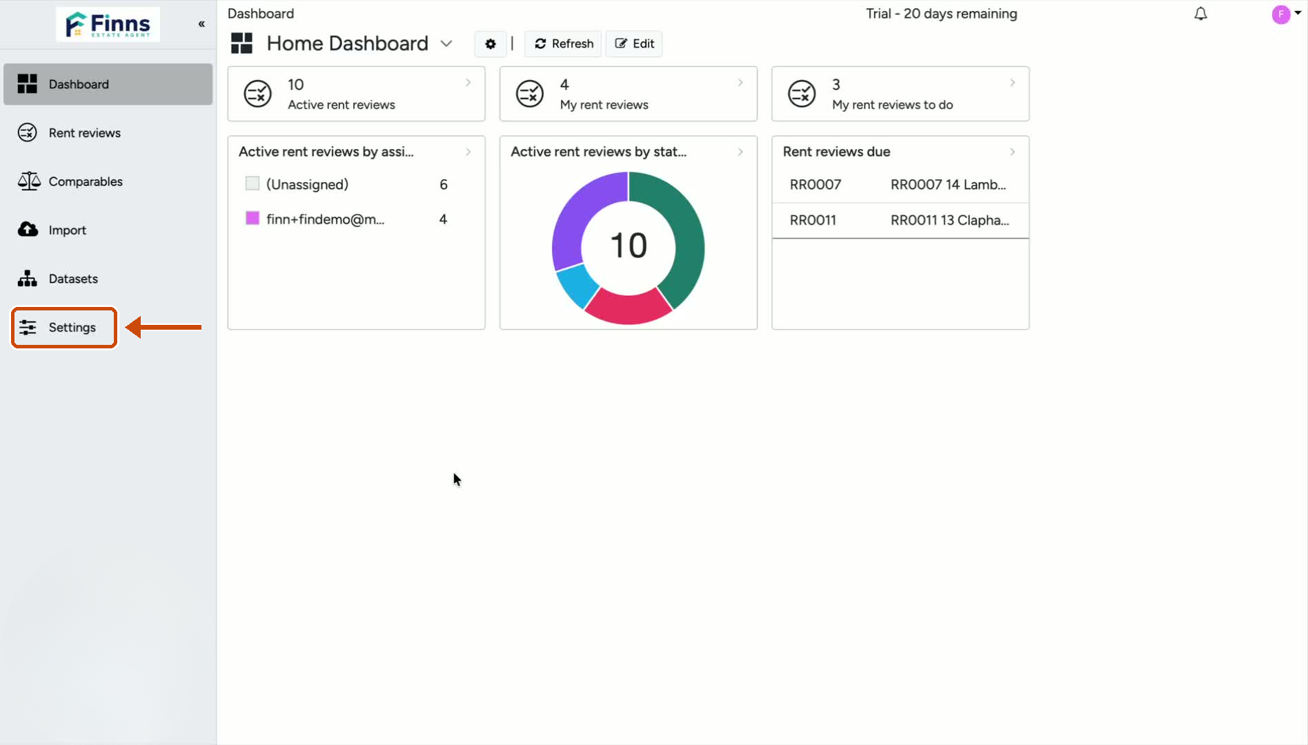1. Open Rent Review Settings